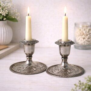 Pair Of Sheffield Reproduction Silver-Plated Hand-Chased Candlesticks With Ornat